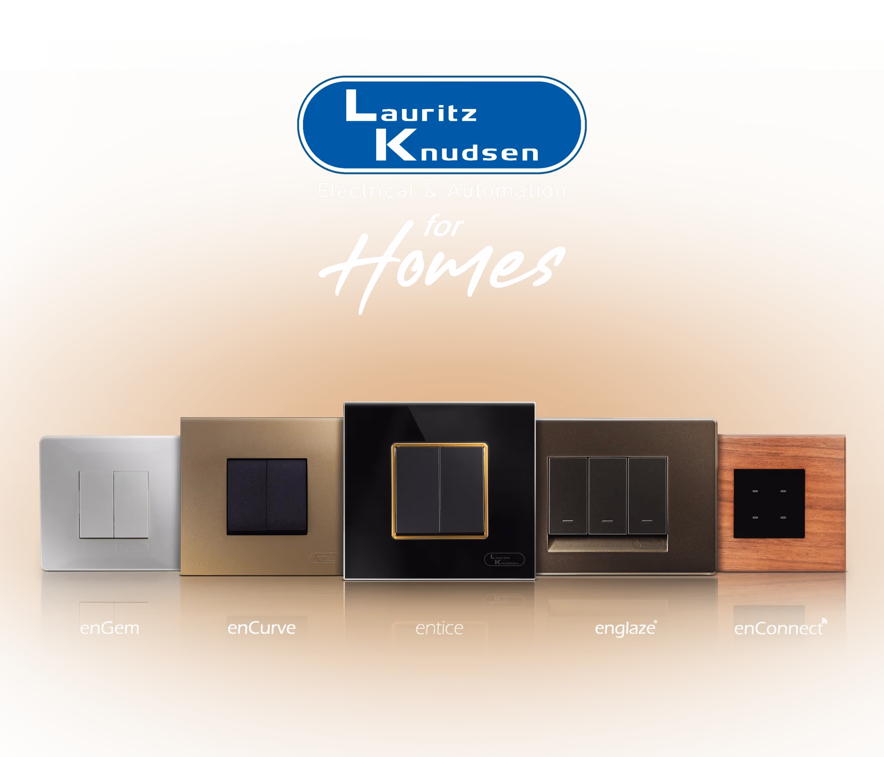 Lauritz Knudsen modular switch range — enGem, enCurve, entice, enGlaze, enConnect