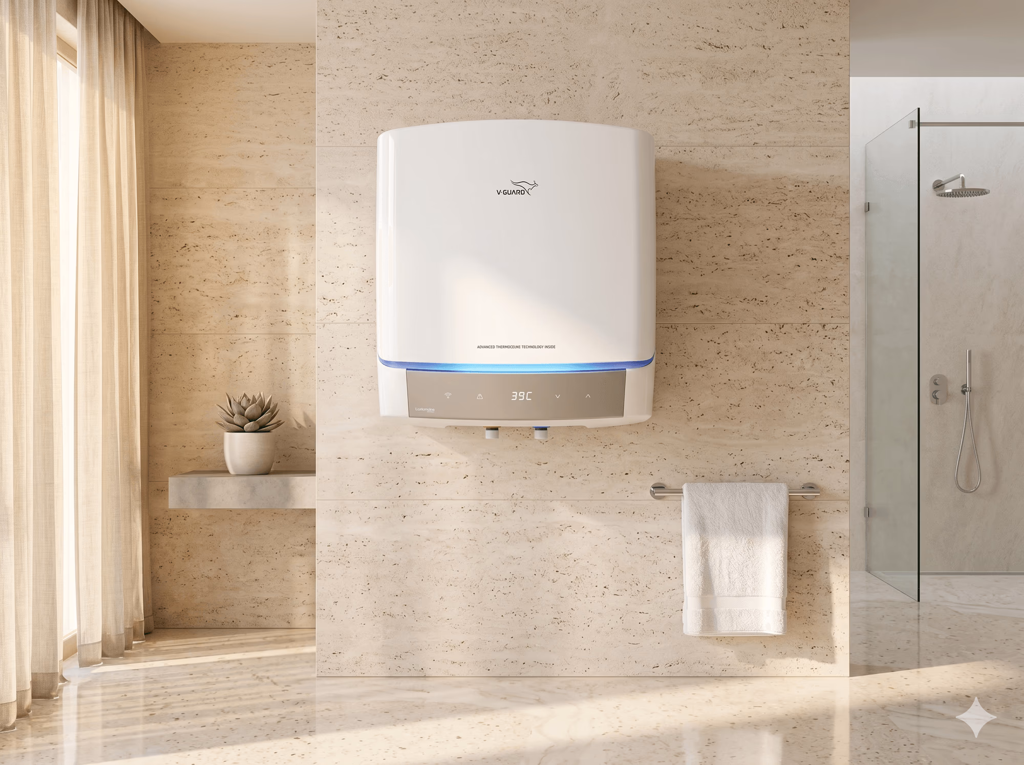 V-Guard storage water heater installed in a modern bathroom